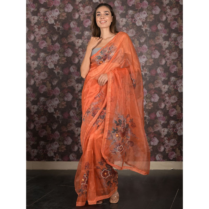 Odette Orange Printed Organza Saree with Unstitched Blouse For Women