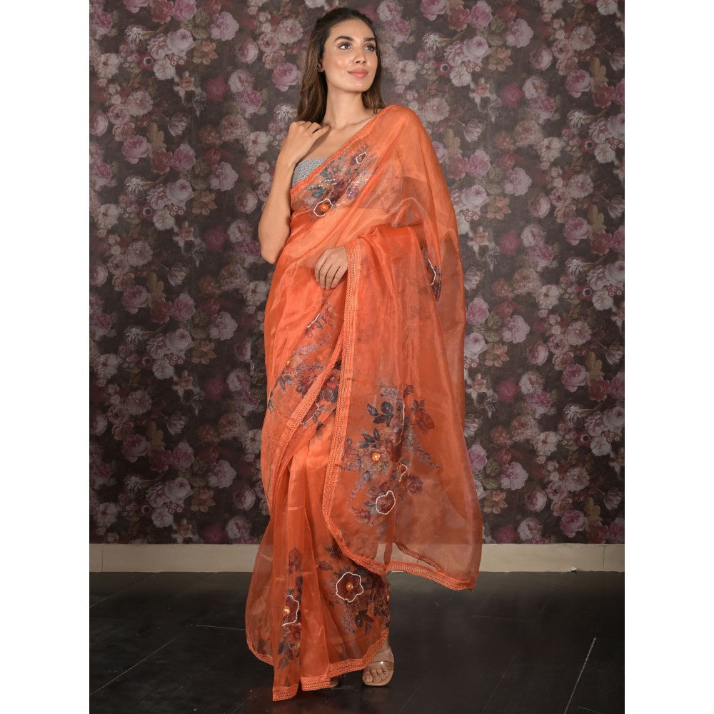 Odette Orange Printed Organza Saree with Unstitched Blouse For Women