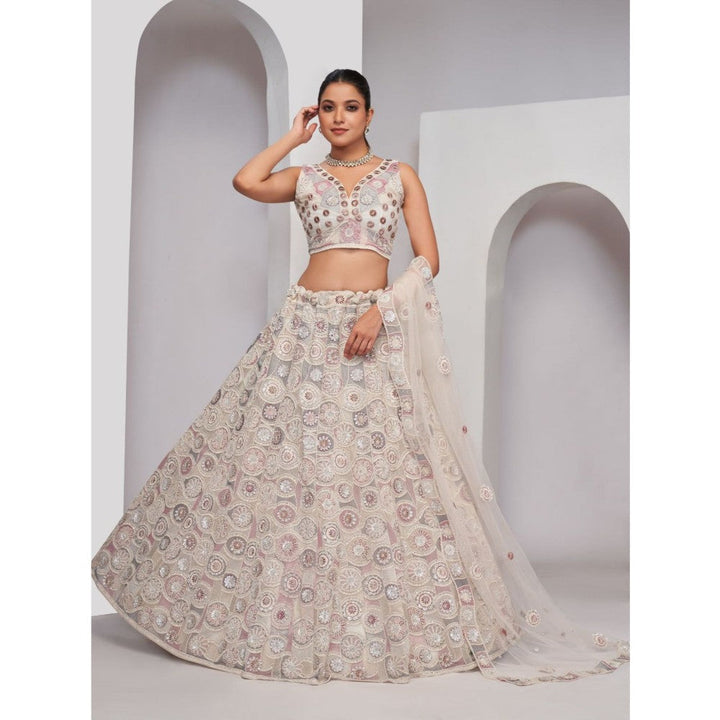 Odette White Soft Net Embroidered Semi Stitched Lehenga With Unstitched Blouse & Dupatta (Set of 3)