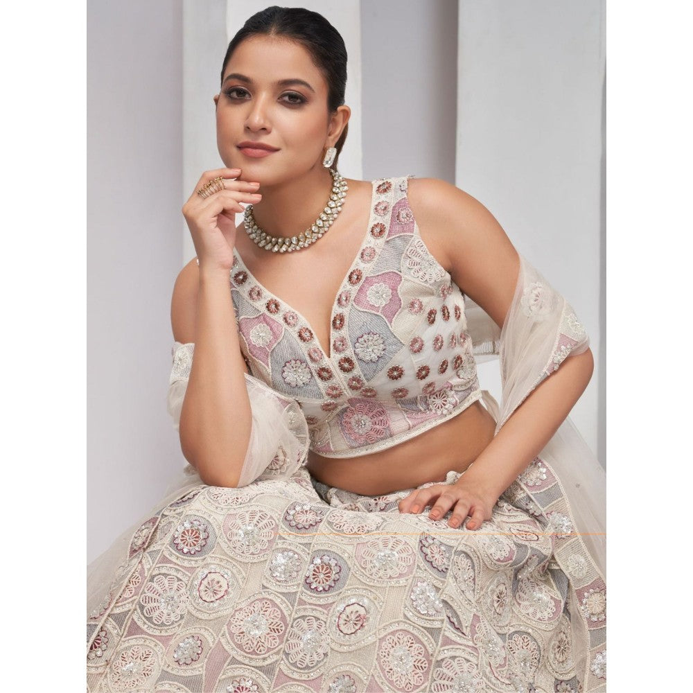 Odette White Soft Net Embroidered Semi Stitched Lehenga With Unstitched Blouse & Dupatta (Set of 3)