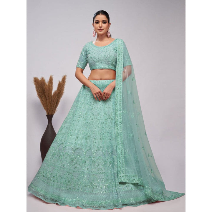 Odette Sky Blue Net Embroidered Semi Stitched Lehenga With Unstitched Blouse & Dupatta (Set of 3)