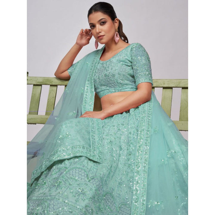 Odette Sky Blue Net Embroidered Semi Stitched Lehenga With Unstitched Blouse & Dupatta (Set of 3)