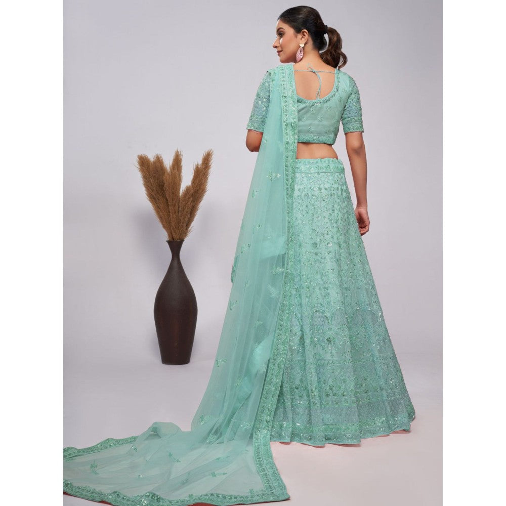 Odette Sky Blue Net Embroidered Semi Stitched Lehenga With Unstitched Blouse & Dupatta (Set of 3)