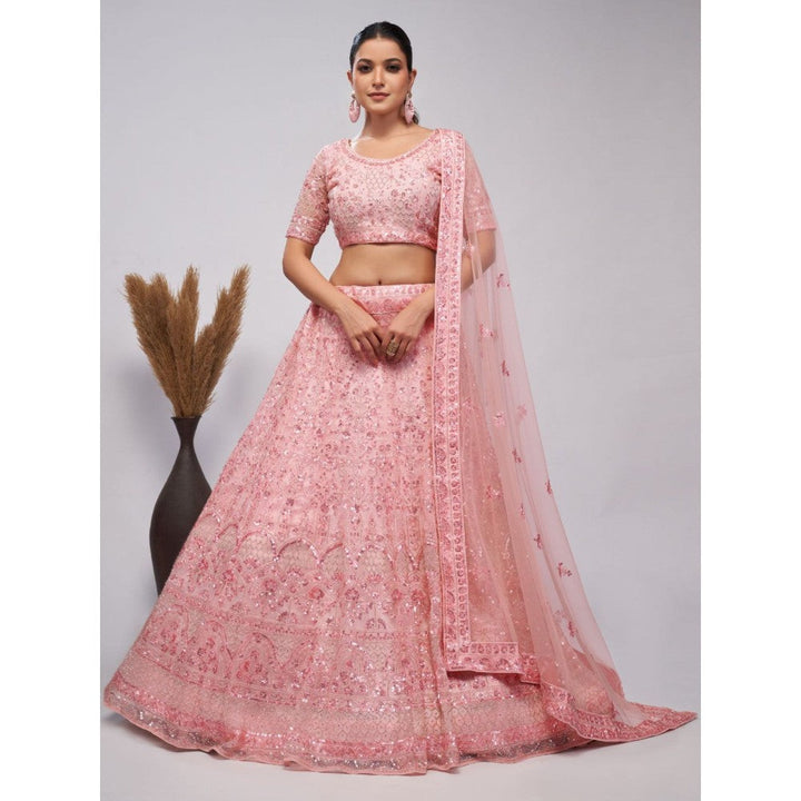 Odette Peach Soft Net Embroidered Semi Stitched Lehenga With Unstitched Blouse & Dupatta (Set of 3)