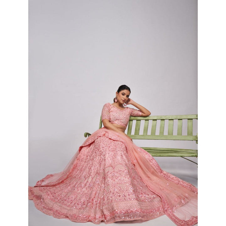 Odette Peach Soft Net Embroidered Semi Stitched Lehenga With Unstitched Blouse & Dupatta (Set of 3)