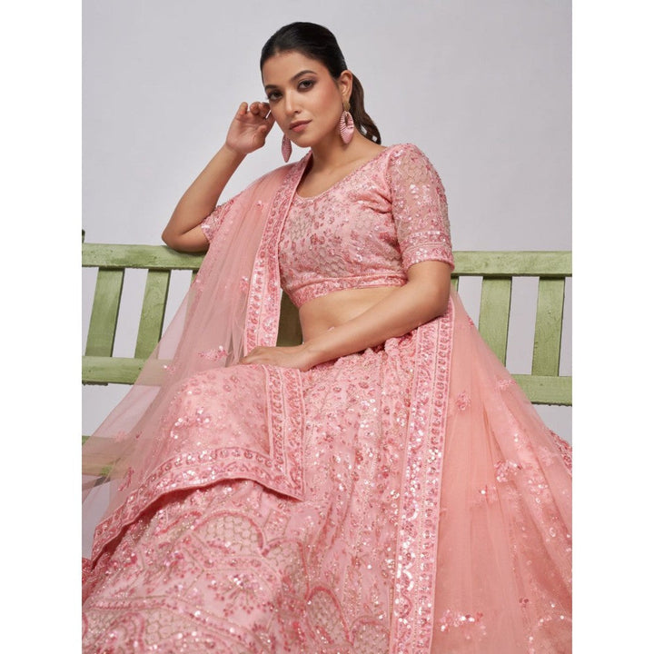 Odette Peach Soft Net Embroidered Semi Stitched Lehenga With Unstitched Blouse & Dupatta (Set of 3)