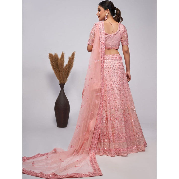 Odette Peach Soft Net Embroidered Semi Stitched Lehenga With Unstitched Blouse & Dupatta (Set of 3)