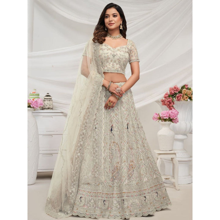 Odette White Soft Net Embroidered Semi Stitched Lehenga With Unstitched Blouse & Dupatta (Set of 3)