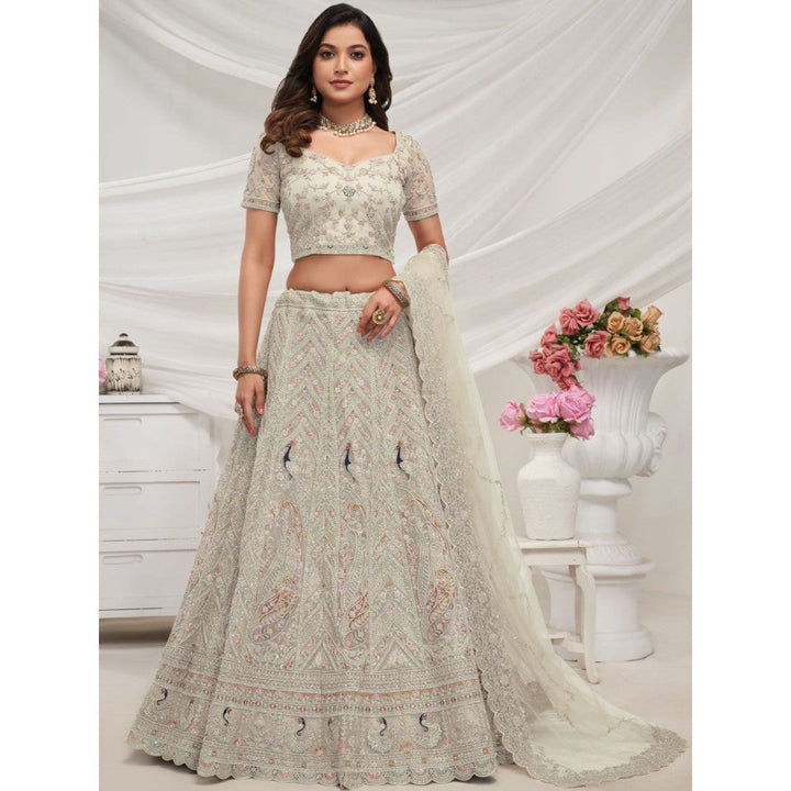 Odette White Soft Net Embroidered Semi Stitched Lehenga With Unstitched Blouse & Dupatta (Set of 3)