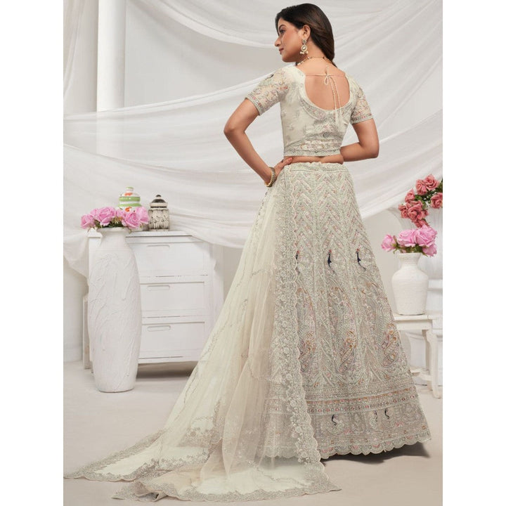 Odette White Soft Net Embroidered Semi Stitched Lehenga With Unstitched Blouse & Dupatta (Set of 3)