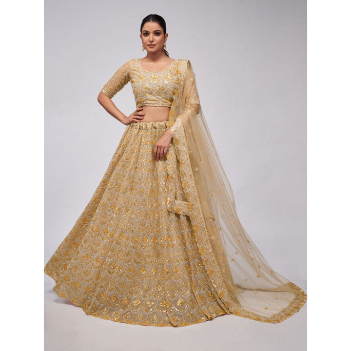 Odette Golden Soft Net Embroidered Semi Stitched Lehenga With Unstitched Blouse & Dupatta (Set of 3)