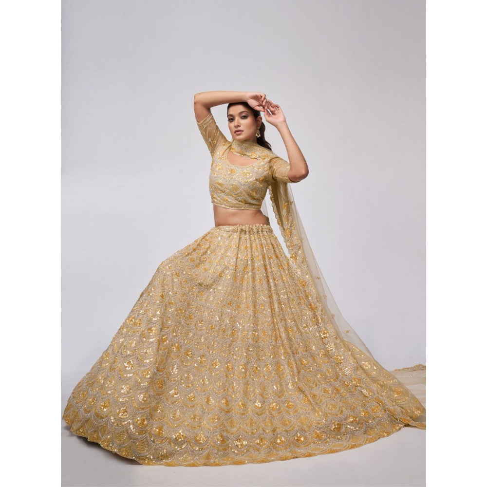 Odette Golden Soft Net Embroidered Semi Stitched Lehenga With Unstitched Blouse & Dupatta (Set of 3)