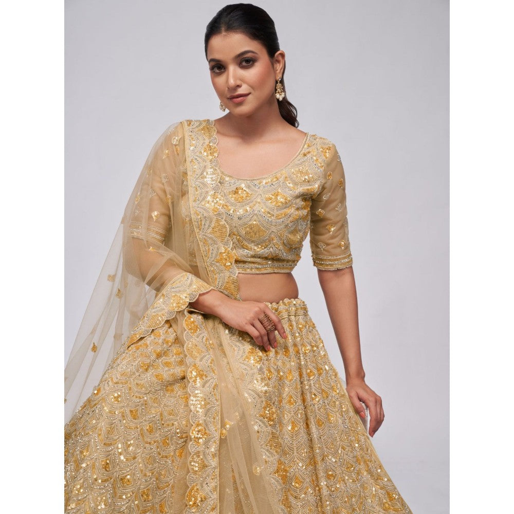 Odette Golden Soft Net Embroidered Semi Stitched Lehenga With Unstitched Blouse & Dupatta (Set of 3)