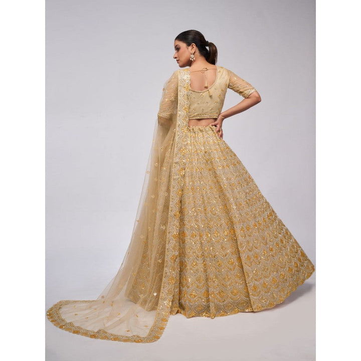 Odette Golden Soft Net Embroidered Semi Stitched Lehenga With Unstitched Blouse & Dupatta (Set of 3)