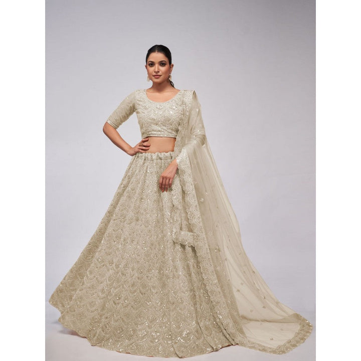 Odette White Soft Net Embroidered Semi Stitched Lehenga With Unstitched Blouse & Dupatta (Set of 3)