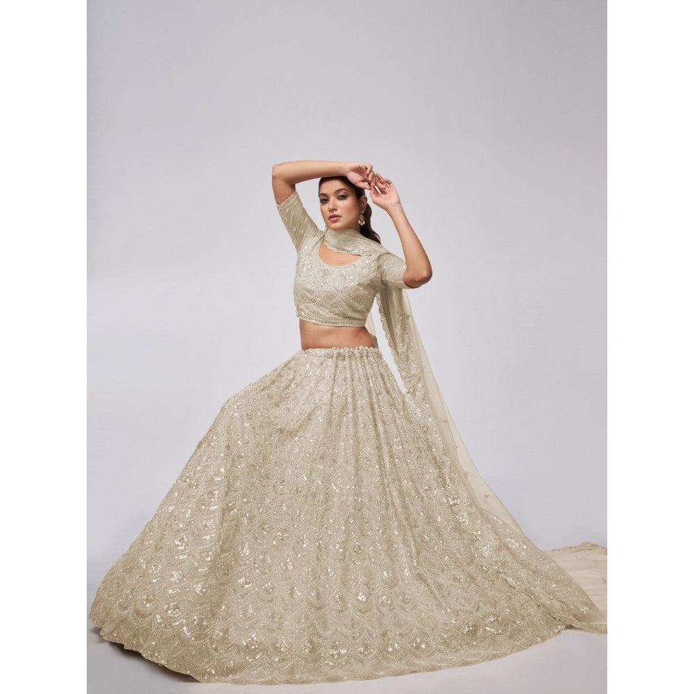 Odette White Soft Net Embroidered Semi Stitched Lehenga With Unstitched Blouse & Dupatta (Set of 3)