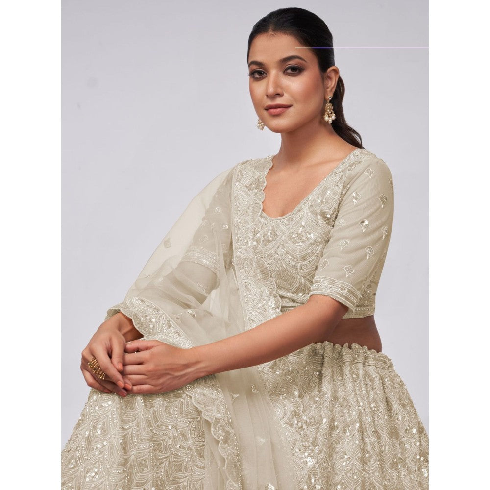 Odette White Soft Net Embroidered Semi Stitched Lehenga With Unstitched Blouse & Dupatta (Set of 3)