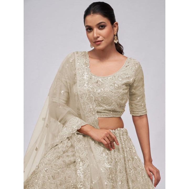 Odette White Soft Net Embroidered Semi Stitched Lehenga With Unstitched Blouse & Dupatta (Set of 3)