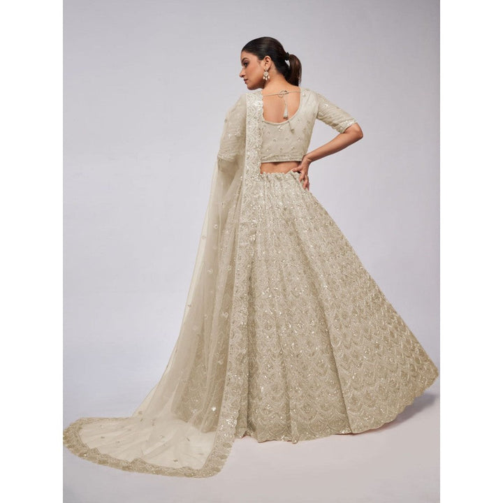 Odette White Soft Net Embroidered Semi Stitched Lehenga With Unstitched Blouse & Dupatta (Set of 3)