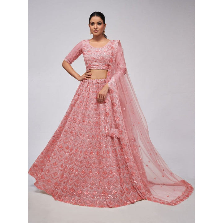 Odette Pink Soft Net Embroidered Semi Stitched Lehenga With Unstitched Blouse & Dupatta (Set of 3)