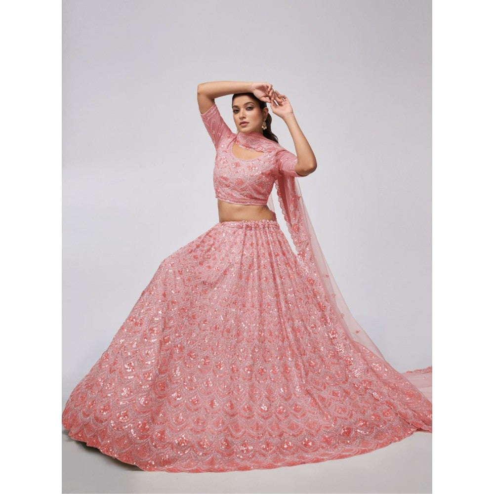 Odette Pink Soft Net Embroidered Semi Stitched Lehenga With Unstitched Blouse & Dupatta (Set of 3)