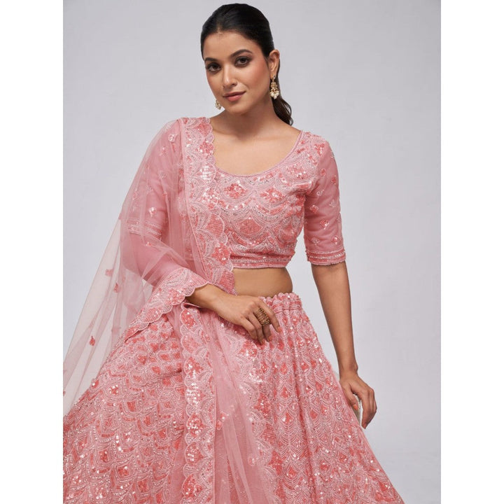 Odette Pink Soft Net Embroidered Semi Stitched Lehenga With Unstitched Blouse & Dupatta (Set of 3)