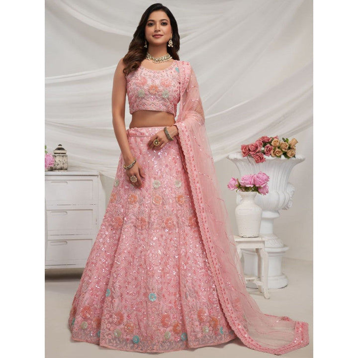 Odette Pink Soft Net Embroidered Semi Stitched Lehenga With Unstitched Blouse & Dupatta (Set of 3)