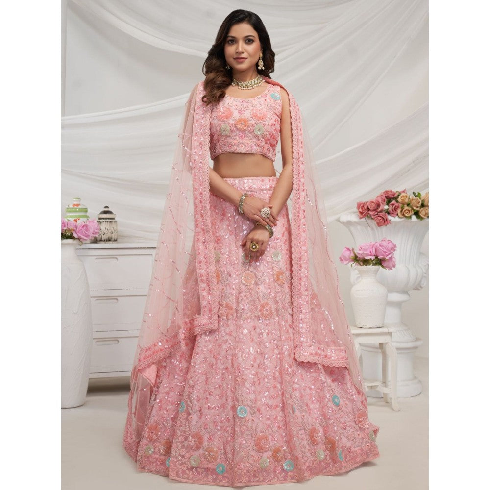 Odette Pink Soft Net Embroidered Semi Stitched Lehenga With Unstitched Blouse & Dupatta (Set of 3)