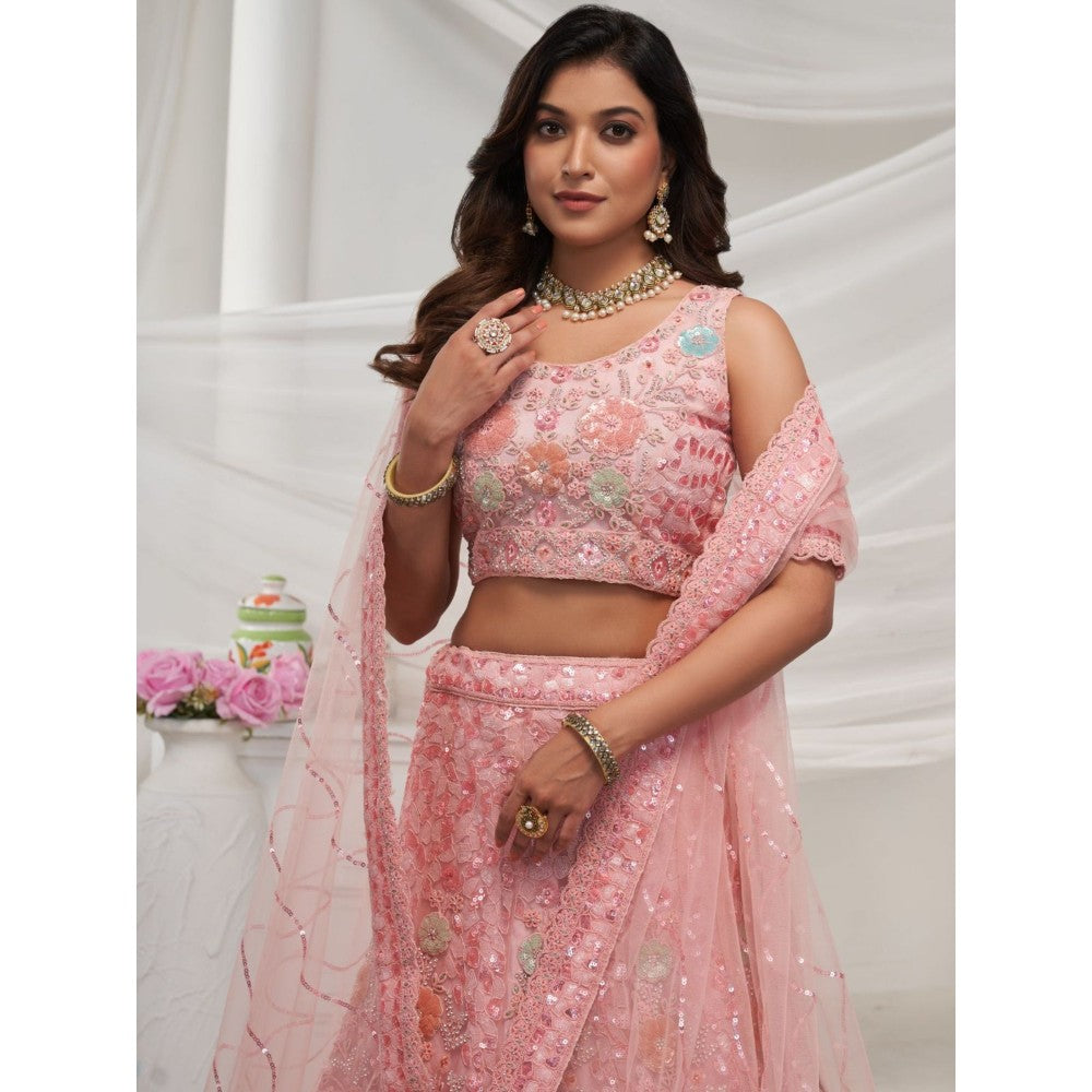 Odette Pink Soft Net Embroidered Semi Stitched Lehenga With Unstitched Blouse & Dupatta (Set of 3)