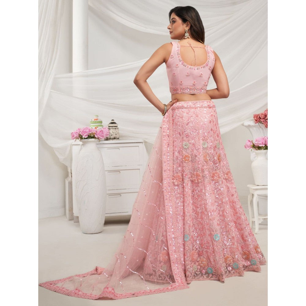 Odette Pink Soft Net Embroidered Semi Stitched Lehenga With Unstitched Blouse & Dupatta (Set of 3)