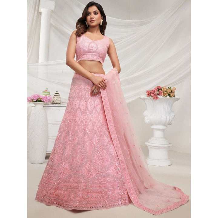 Odette Pink Soft Net Embroidered Semi Stitched Lehenga With Unstitched Blouse & Dupatta (Set of 3)