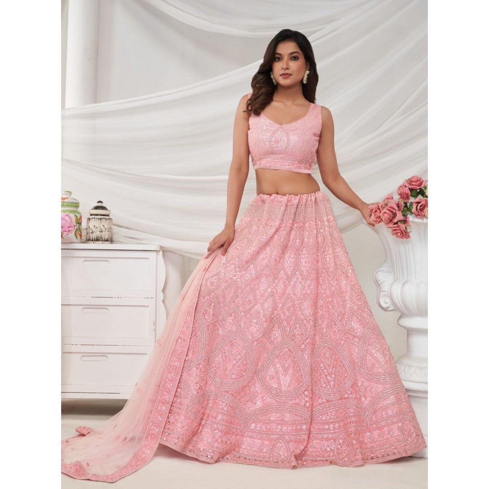 Odette Pink Soft Net Embroidered Semi Stitched Lehenga With Unstitched Blouse & Dupatta (Set of 3)