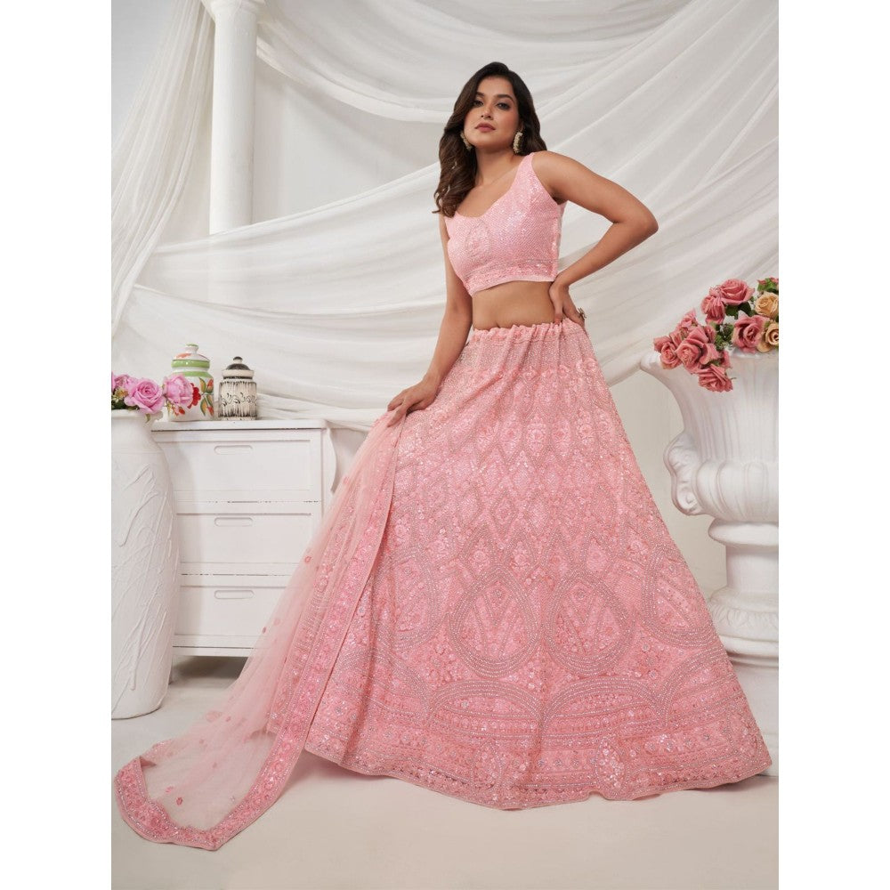 Odette Pink Soft Net Embroidered Semi Stitched Lehenga With Unstitched Blouse & Dupatta (Set of 3)