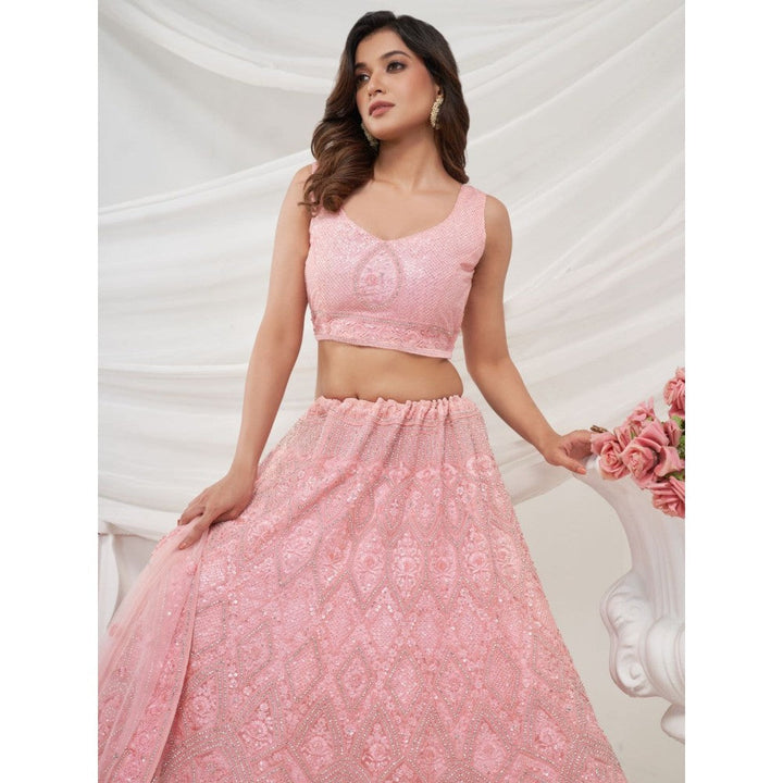 Odette Pink Soft Net Embroidered Semi Stitched Lehenga With Unstitched Blouse & Dupatta (Set of 3)