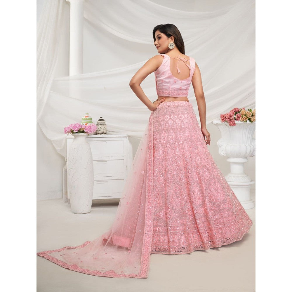 Odette Pink Soft Net Embroidered Semi Stitched Lehenga With Unstitched Blouse & Dupatta (Set of 3)