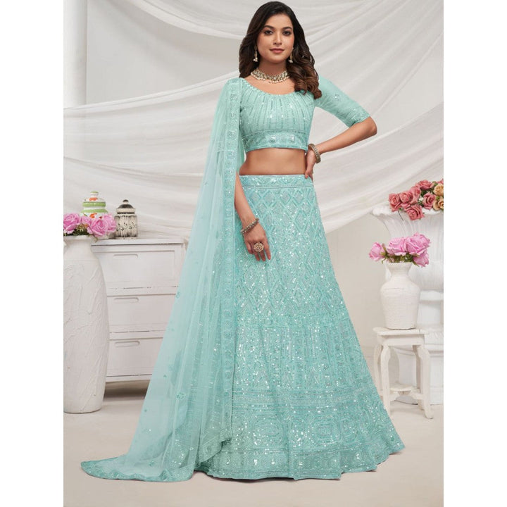 Odette Sky Blue Net Embroidered Semi Stitched Lehenga With Unstitched Blouse & Dupatta (Set of 3)