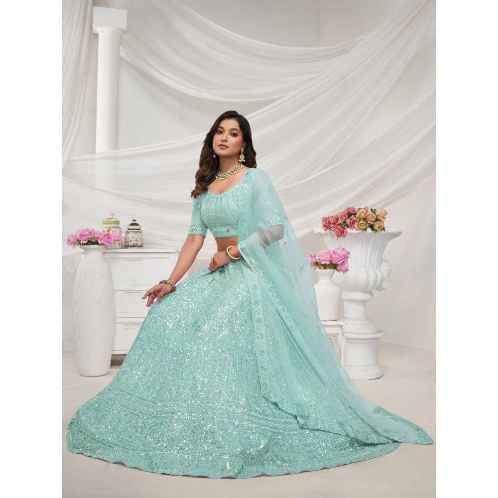 Odette Sky Blue Net Embroidered Semi Stitched Lehenga With Unstitched Blouse & Dupatta (Set of 3)