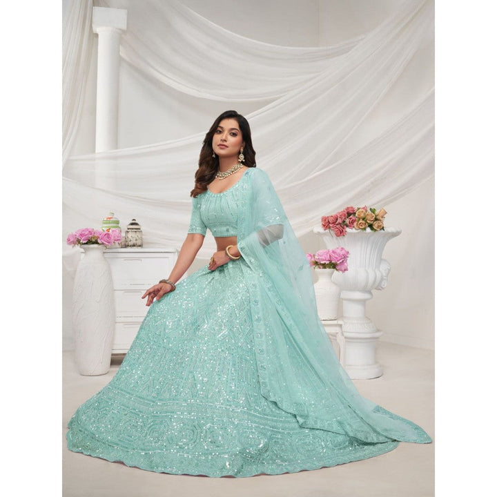 Odette Sky Blue Net Embroidered Semi Stitched Lehenga With Unstitched Blouse & Dupatta (Set of 3)