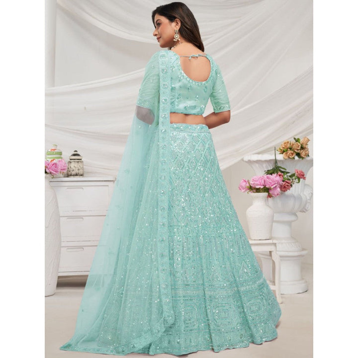 Odette Sky Blue Net Embroidered Semi Stitched Lehenga With Unstitched Blouse & Dupatta (Set of 3)