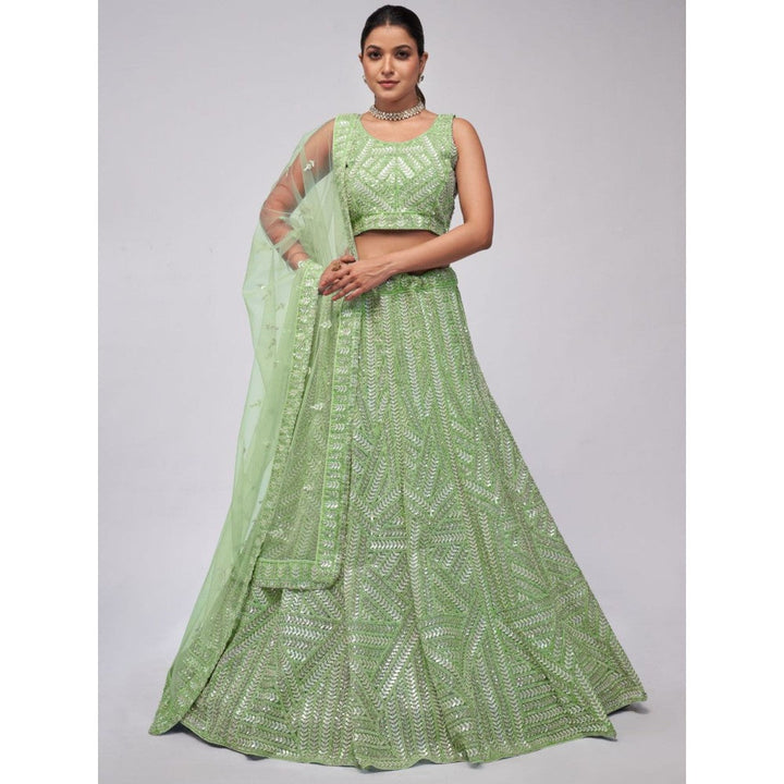 Odette Green Soft Net Embroidered Semi Stitched Lehenga With Unstitched Blouse & Dupatta (Set of 3)