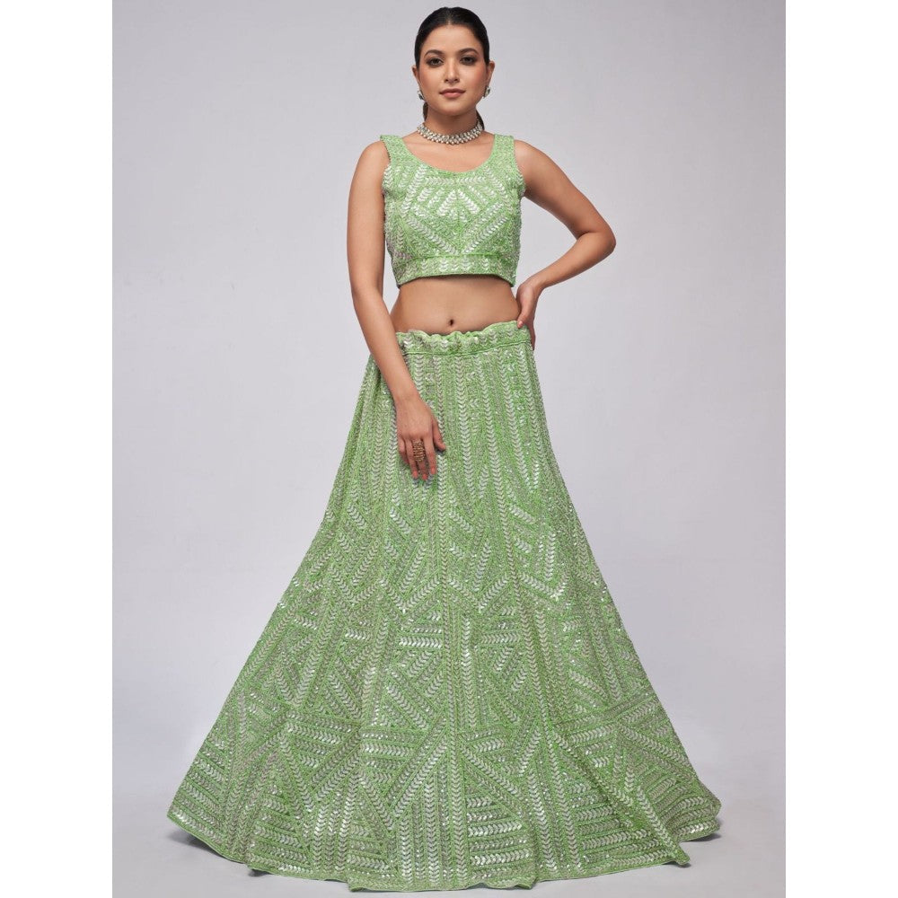 Odette Green Soft Net Embroidered Semi Stitched Lehenga With Unstitched Blouse & Dupatta (Set of 3)