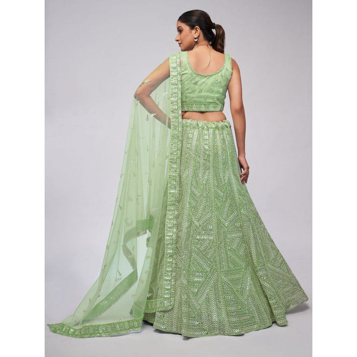 Odette Green Soft Net Embroidered Semi Stitched Lehenga With Unstitched Blouse & Dupatta (Set of 3)