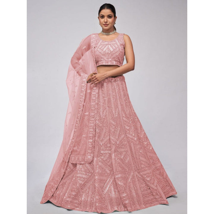 Odette Peach Soft Net Embroidered Semi Stitched Lehenga With Unstitched Blouse & Dupatta (Set of 3)