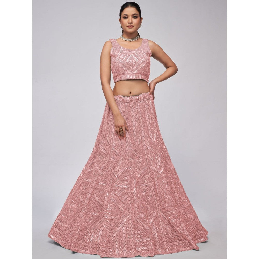 Odette Peach Soft Net Embroidered Semi Stitched Lehenga With Unstitched Blouse & Dupatta (Set of 3)