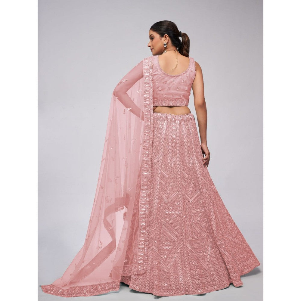 Odette Peach Soft Net Embroidered Semi Stitched Lehenga With Unstitched Blouse & Dupatta (Set of 3)