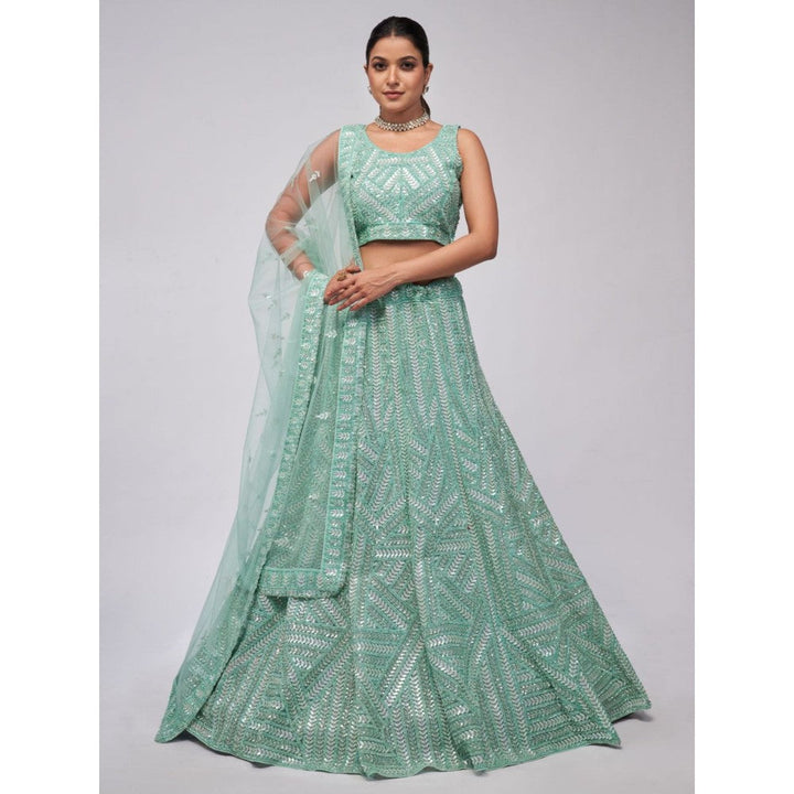 Odette Sky Blue Net Embroidered Semi Stitched Lehenga With Unstitched Blouse & Dupatta (Set of 3)