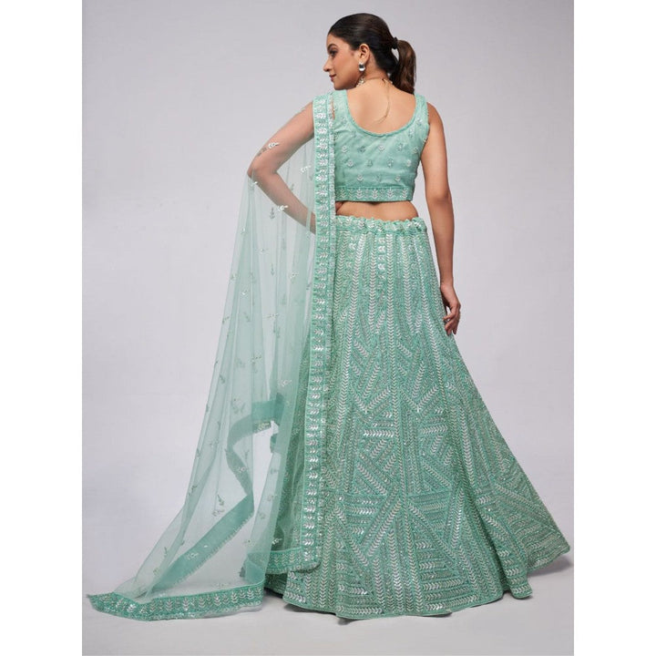 Odette Sky Blue Net Embroidered Semi Stitched Lehenga With Unstitched Blouse & Dupatta (Set of 3)