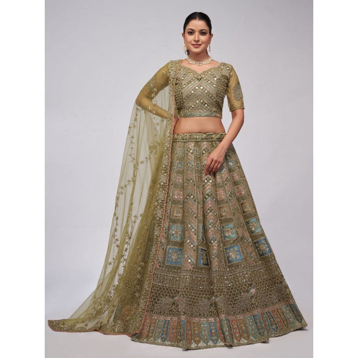 Odette Olive Soft Net Embroidered Semi Stitched Lehenga With Unstitched Blouse & Dupatta (Set of 3)