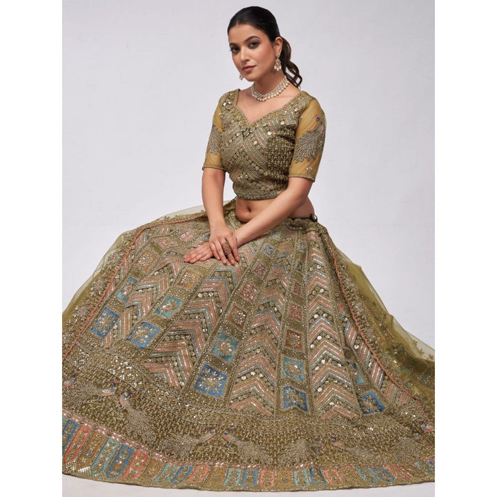 Odette Olive Soft Net Embroidered Semi Stitched Lehenga With Unstitched Blouse & Dupatta (Set of 3)