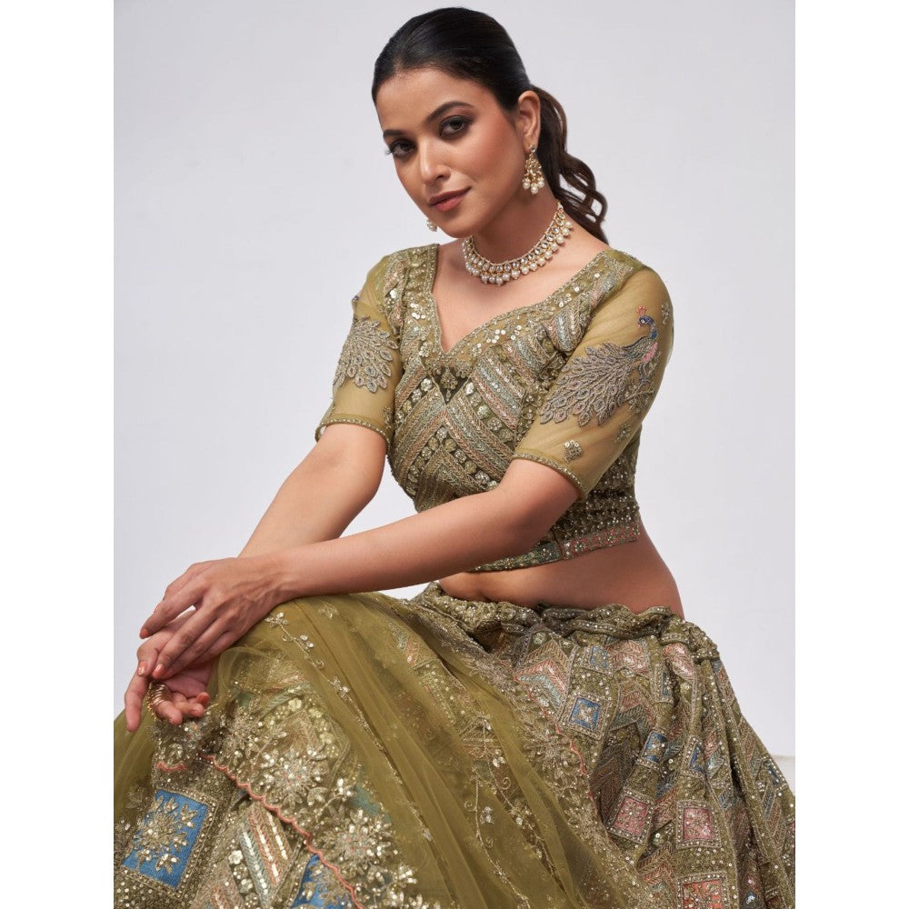 Odette Olive Soft Net Embroidered Semi Stitched Lehenga With Unstitched Blouse & Dupatta (Set of 3)